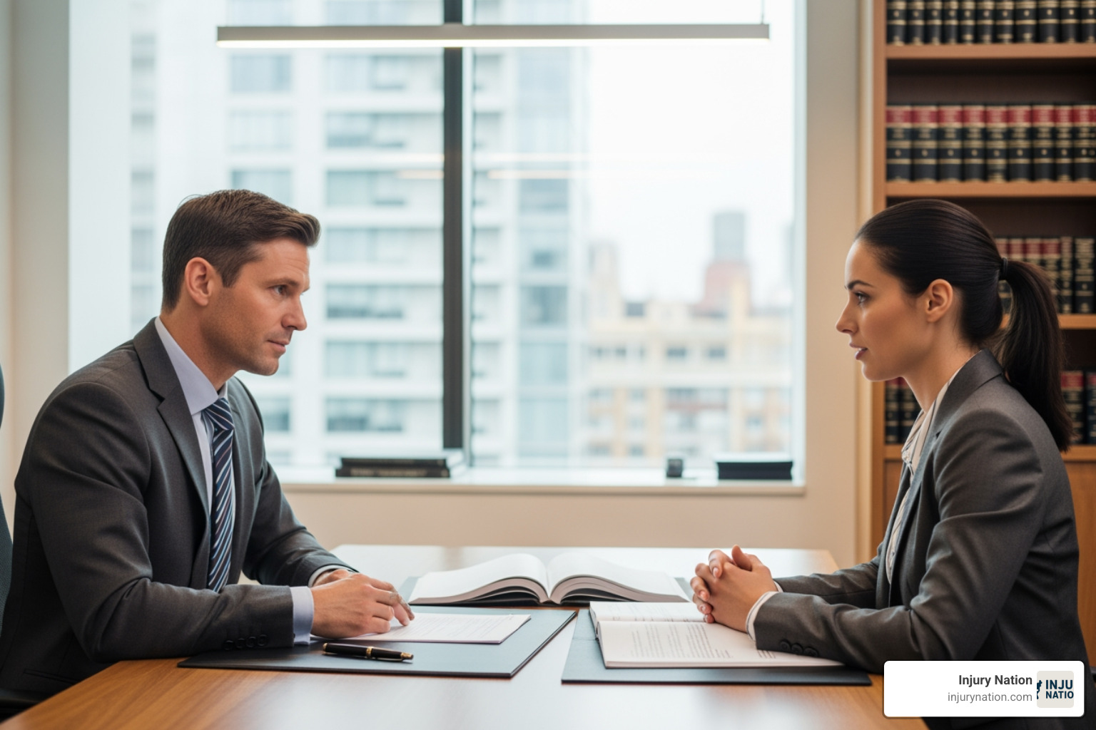 Lawyer speaking with a client in an office setting - when disability case gets lawyer what is the approval rating