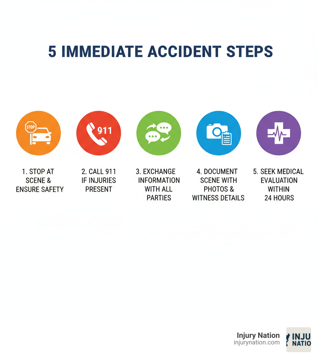 Infographic showing 5 immediate accident steps: 1. Stop at scene and ensure safety, 2. Call 911 if injuries present, 3. Exchange information with all parties, 4. Document scene with photos and witness details, 5. Seek medical evaluation within 24 hours - Accident victim help infographic 