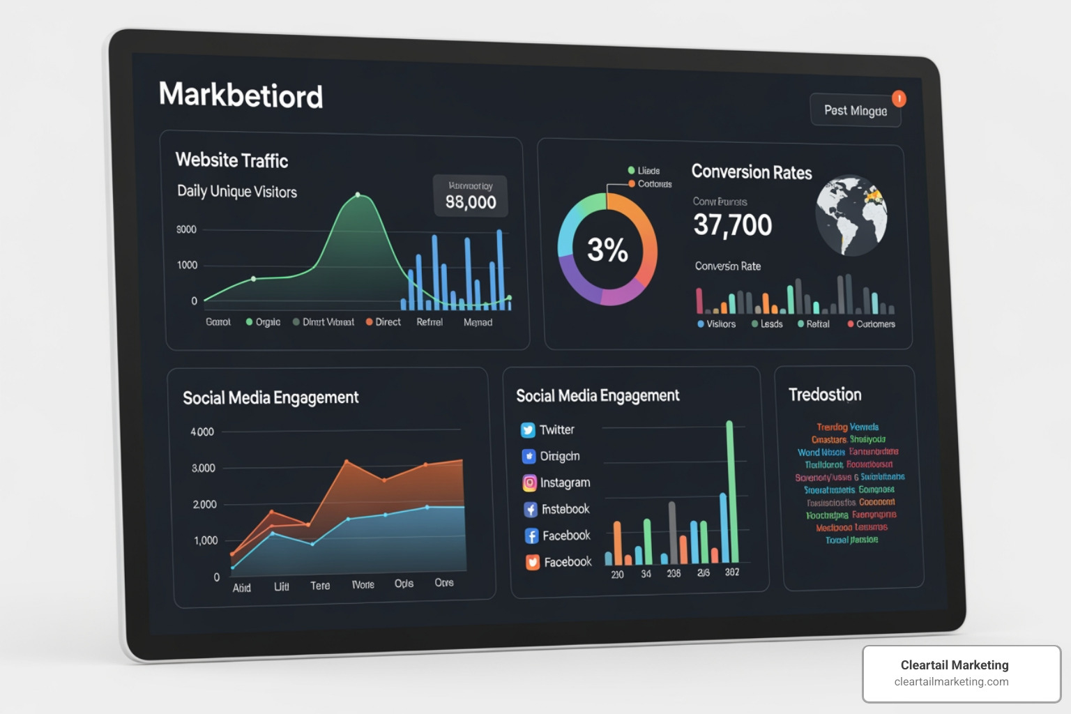 A STYLIZED DASHBOARD DISPLAYING VARIOUS MARKETING ANALYTICS CHARTS, GRAPHS, AND KEY PERFORMANCE INDICATORS (KPIS) LIKE WEBSITE TRAFFIC, CONVERSION RATES, AND SOCIAL MEDIA ENGAGEMENT. - DIGITAL AND SOCIAL MEDIA MARKETING