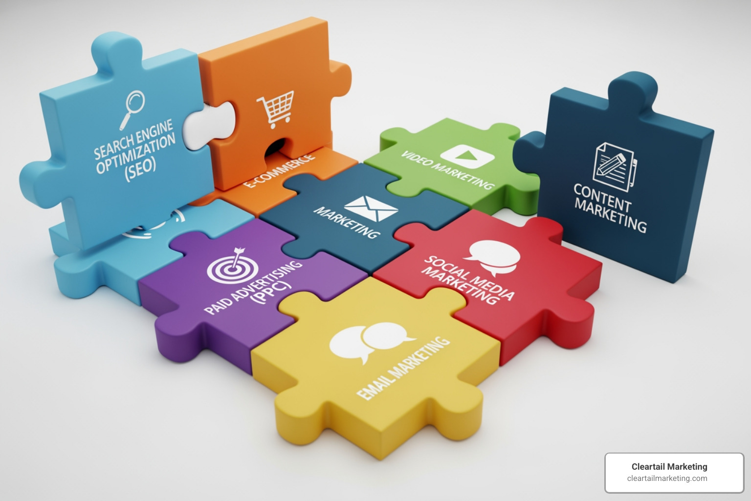 PUZZLE PIECES REPRESENTING DIFFERENT DIGITAL MARKETING COMPONENTS LIKE SEO, PPC, EMAIL, AND CONTENT MARKETING, FITTING TOGETHER SEAMLESSLY. - DIGITAL AND SOCIAL MEDIA MARKETING