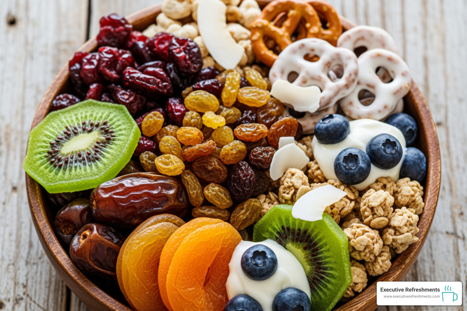 A bowl of colorful dried fruits and yogurt-covered snacks - snacks for office