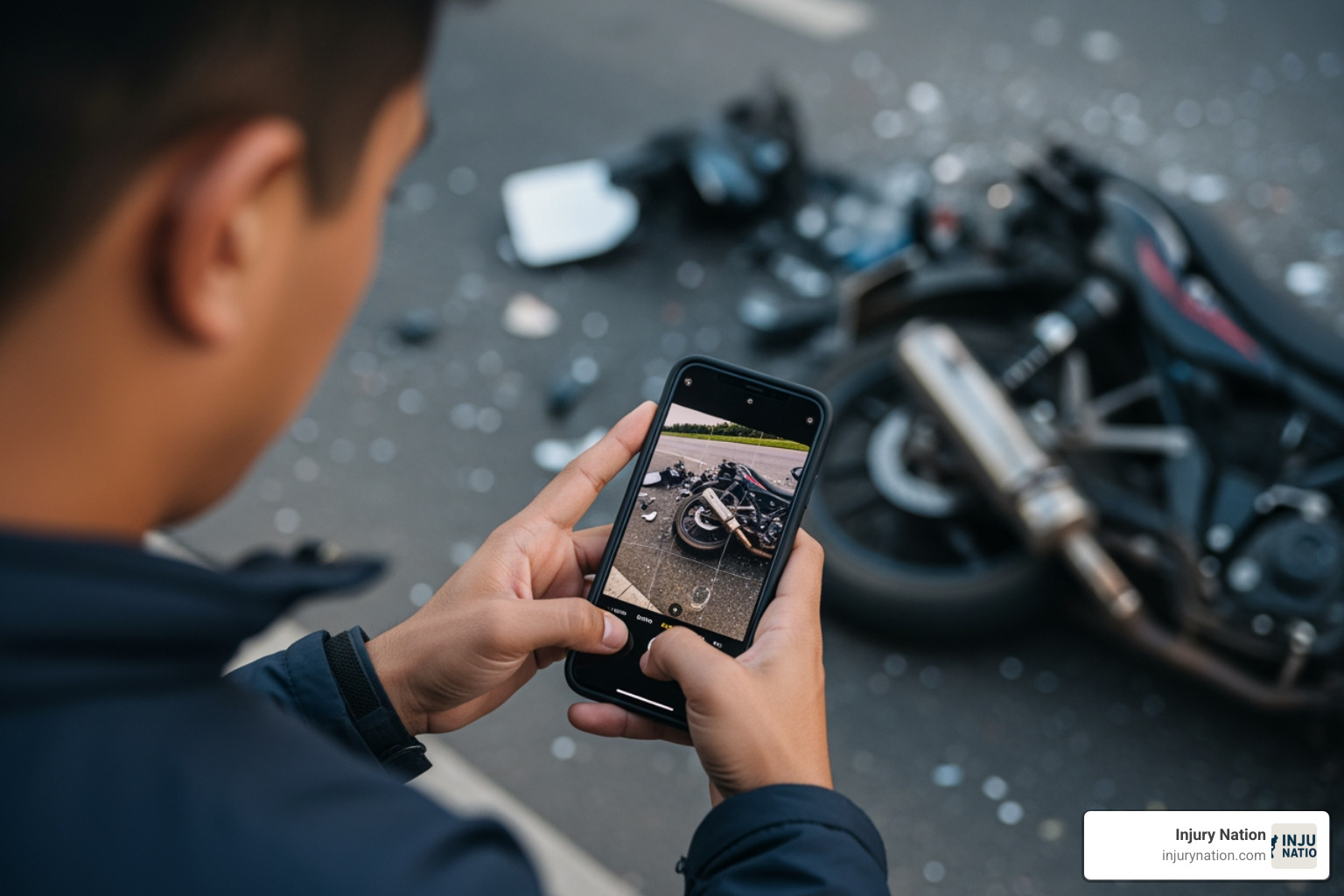 Person using their smartphone to photograph vehicle damage at an accident scene - Motorcycle accident attorney