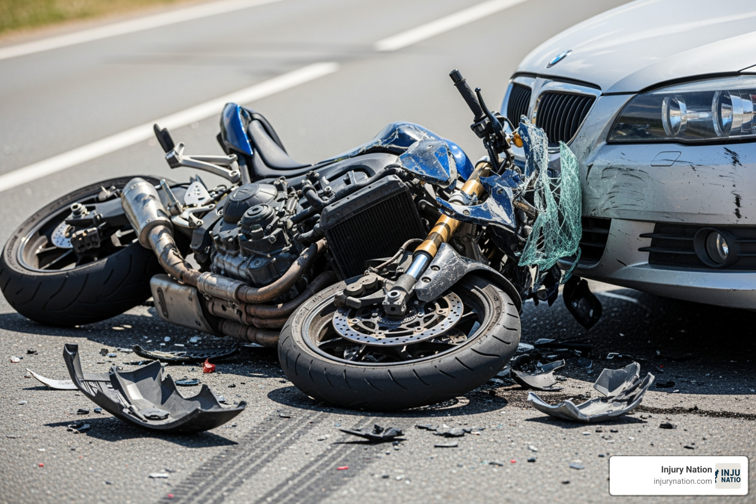 Damaged motorcycle next to a car, highlighting the disparity in protection - Motorcycle accident attorney