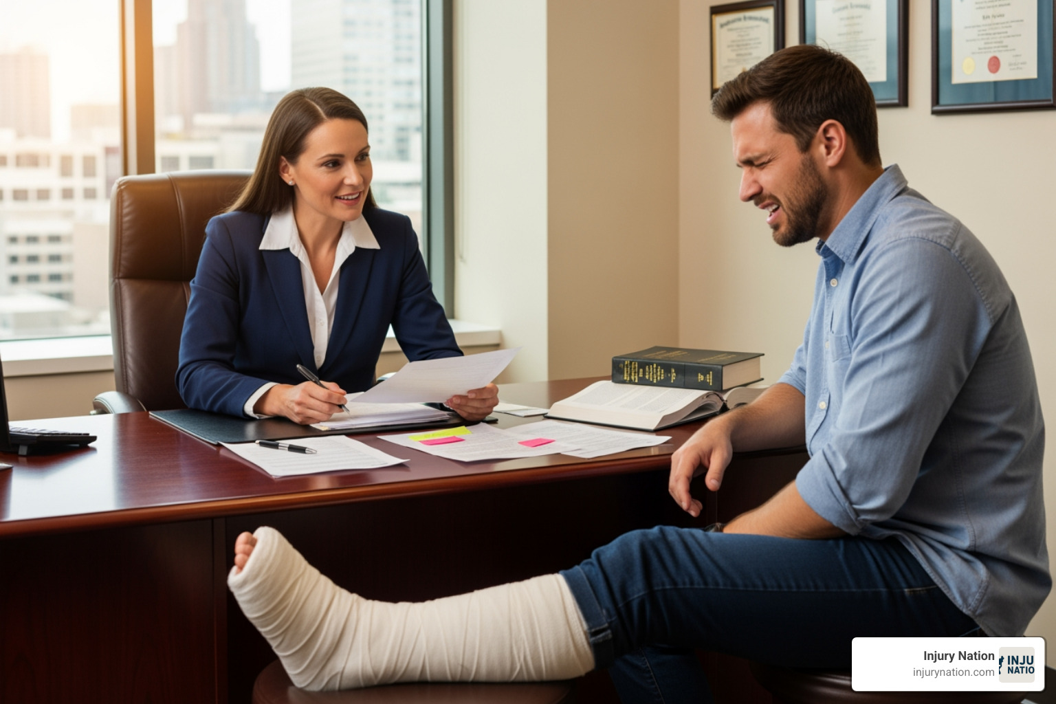 A compassionate attorney reviewing documents with an injured client - Motorcycle accident attorney