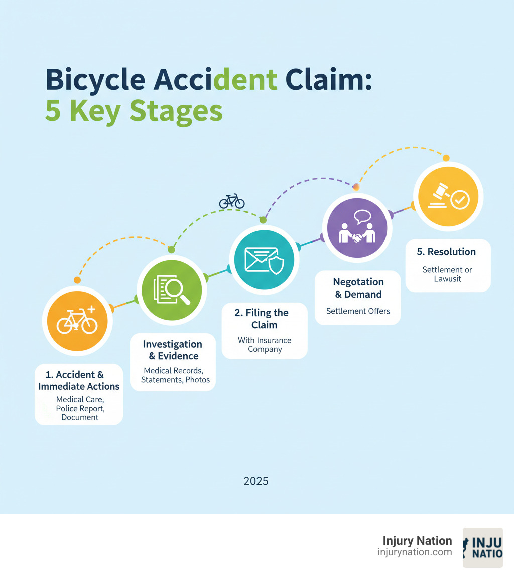 Infographic showing the 5 key stages of a bicycle accident claim: 1) Accident occurs and immediate actions taken (medical care, police report, documentation), 2) Investigation and evidence gathering (medical records, witness statements, photos), 3) Filing the claim with insurance company, 4) Negotiation with insurance adjusters and demand for settlement, 5) Resolution through settlement agreement or lawsuit if necessary - bicycle accident claim infographic 