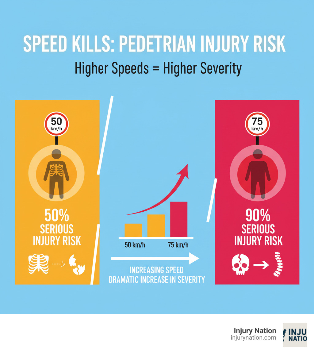Infographic showing pedestrian injury risk by vehicle speed: at 50 km/h, approximately 50% risk of serious injury; at 75 km/h, approximately 90% risk of serious injury. Chart demonstrates that higher speeds dramatically increase pedestrian injury severity in car accidents. - Pedestrian accident attorney infographic 