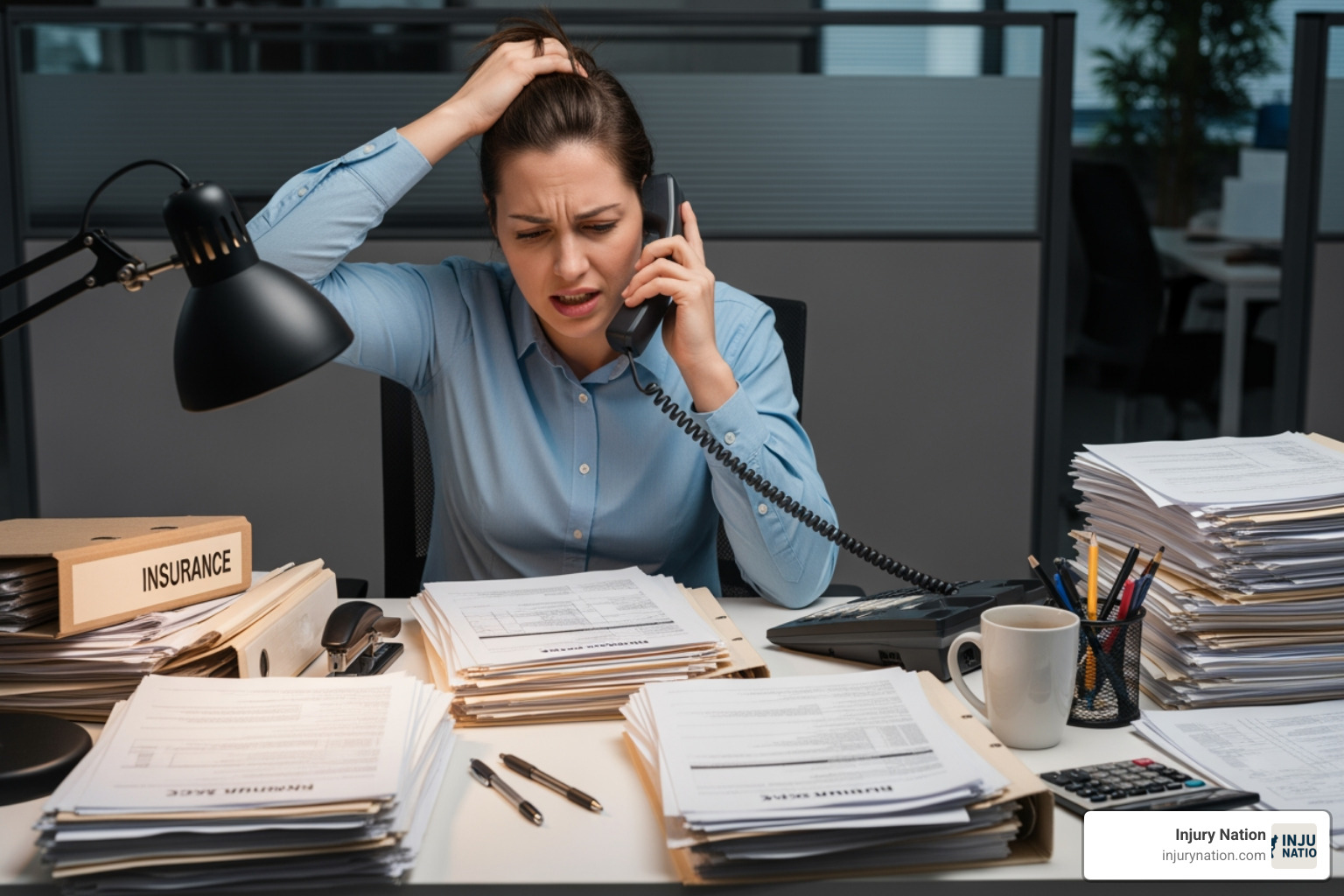 Person on the phone looking stressed, with insurance papers on a desk - bicycle accident claim