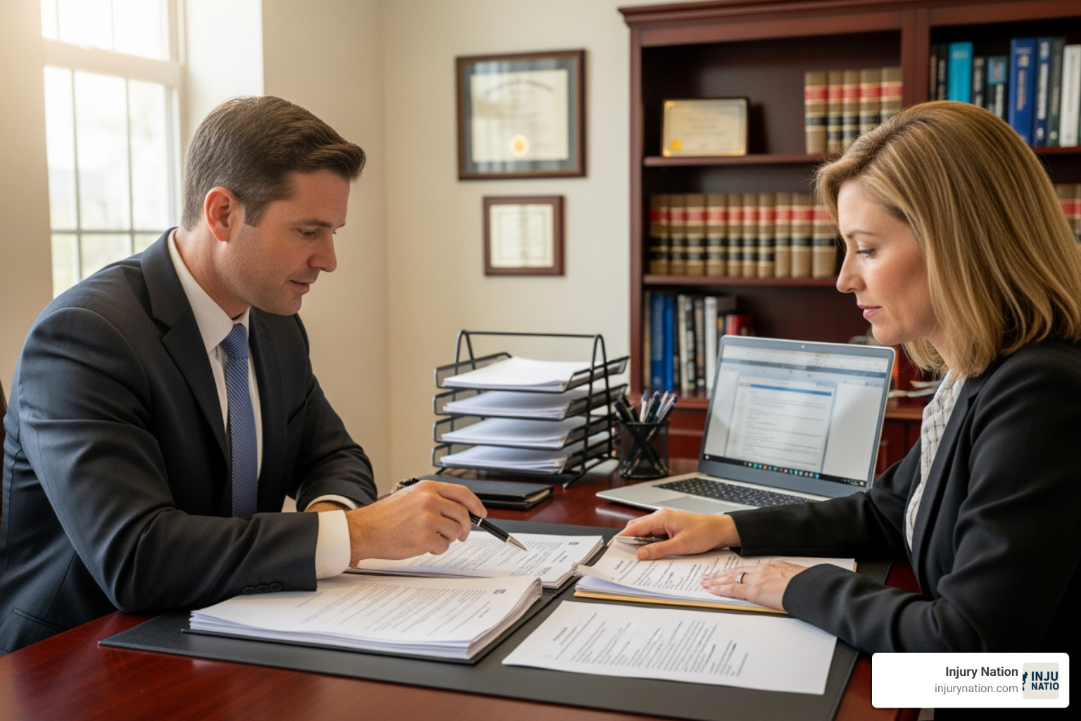 lawyer and client reviewing documents in an office - Pedestrian accident attorney