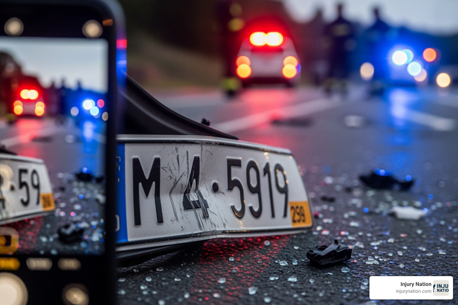 smartphone taking a picture of a license plate at an accident scene - Pedestrian accident attorney