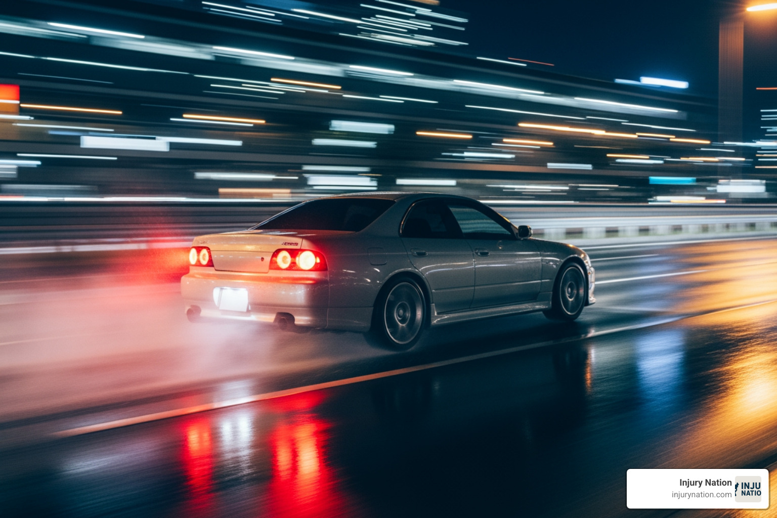 car skidding on a wet road at night - Pedestrian accident attorney