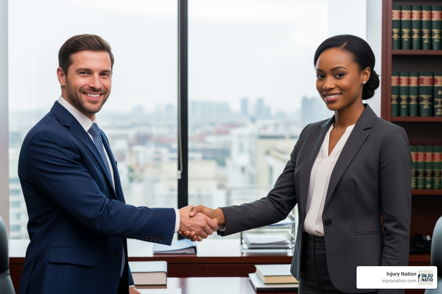 Person confidently shaking hands with an attorney - personal injury attorney reviews