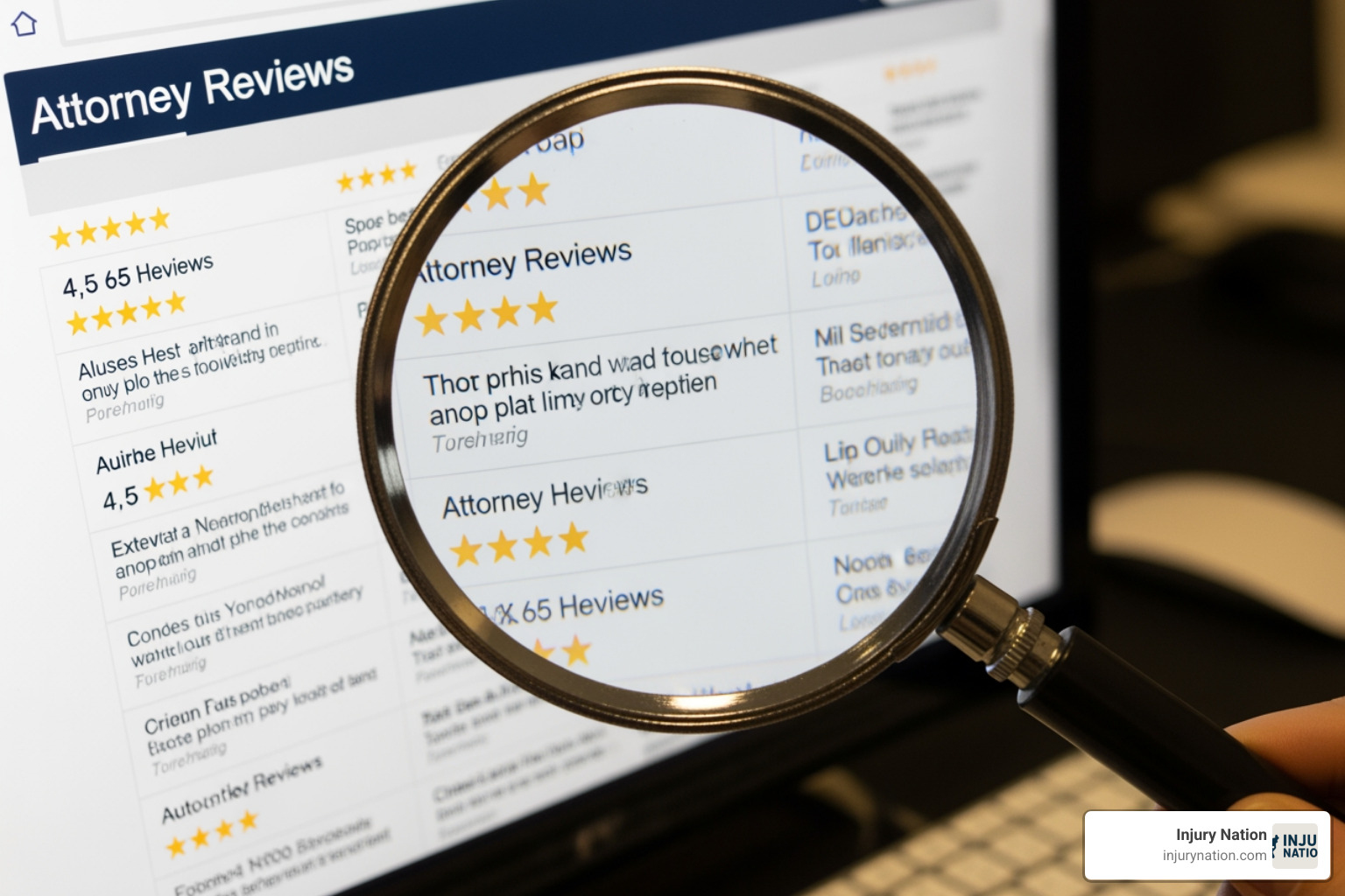 Magnifying glass over a computer screen showing a list of attorney reviews - personal injury attorney reviews