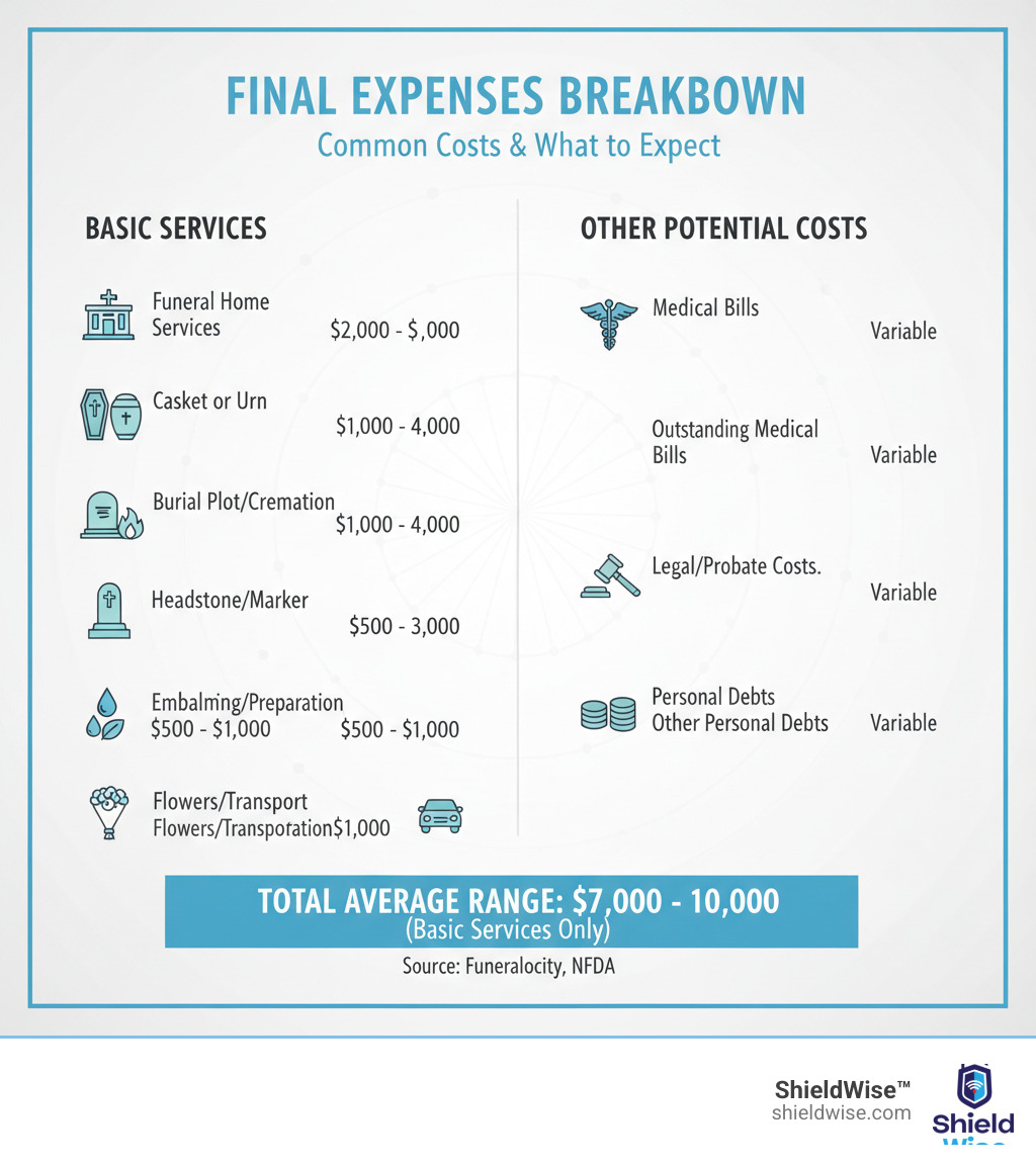 Infographic showing the breakdown of common final expenses including funeral home services ($2,000-$5,000), casket or urn ($1,000-$4,000), burial plot or cremation fees ($1,000-$4,000), headstone or marker ($500-$3,000), embalming and preparation ($500-$1,000), flowers and transportation ($500-$1,000), outstanding medical bills (variable), legal and probate costs (variable), and other personal debts (variable), with a total average range of $7,000-$10,000 for basic services - burial insurance infographic Infographic showing the breakdown of common final expenses including funeral home services ($2,000-$5,000), casket or urn ($1,000-$4,000), burial plot or cremation fees ($1,000-$4,000), headstone or marker ($500-$3,000), embalming and preparation ($500-$1,000), flowers and transportation ($500-$1,000), outstanding medical bills (variable), legal and probate costs (variable), and other personal debts (variable), with a total average range of $7,000-$10,000 for basic services - burial insurance infographic