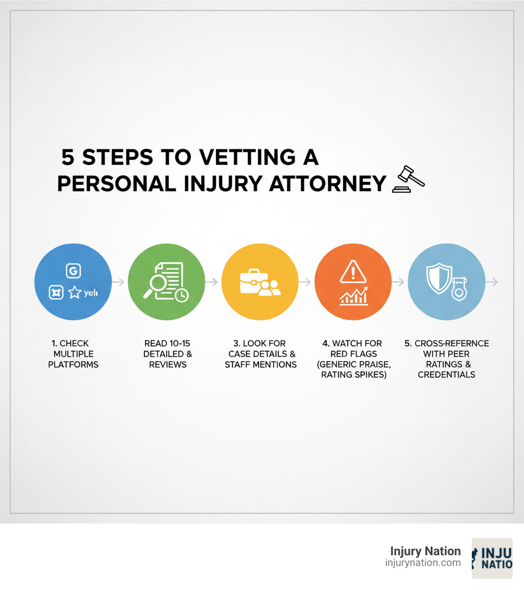 Infographic showing five steps to vetting a personal injury attorney: 1. Check multiple review platforms, 2. Read 10-15 detailed reviews focusing on recent feedback, 3. Look for specific case details and staff mentions, 4. Watch for red flags like generic praise or sudden rating floods, 5. Cross-reference with peer ratings and professional credentials - personal injury attorney reviews infographic 