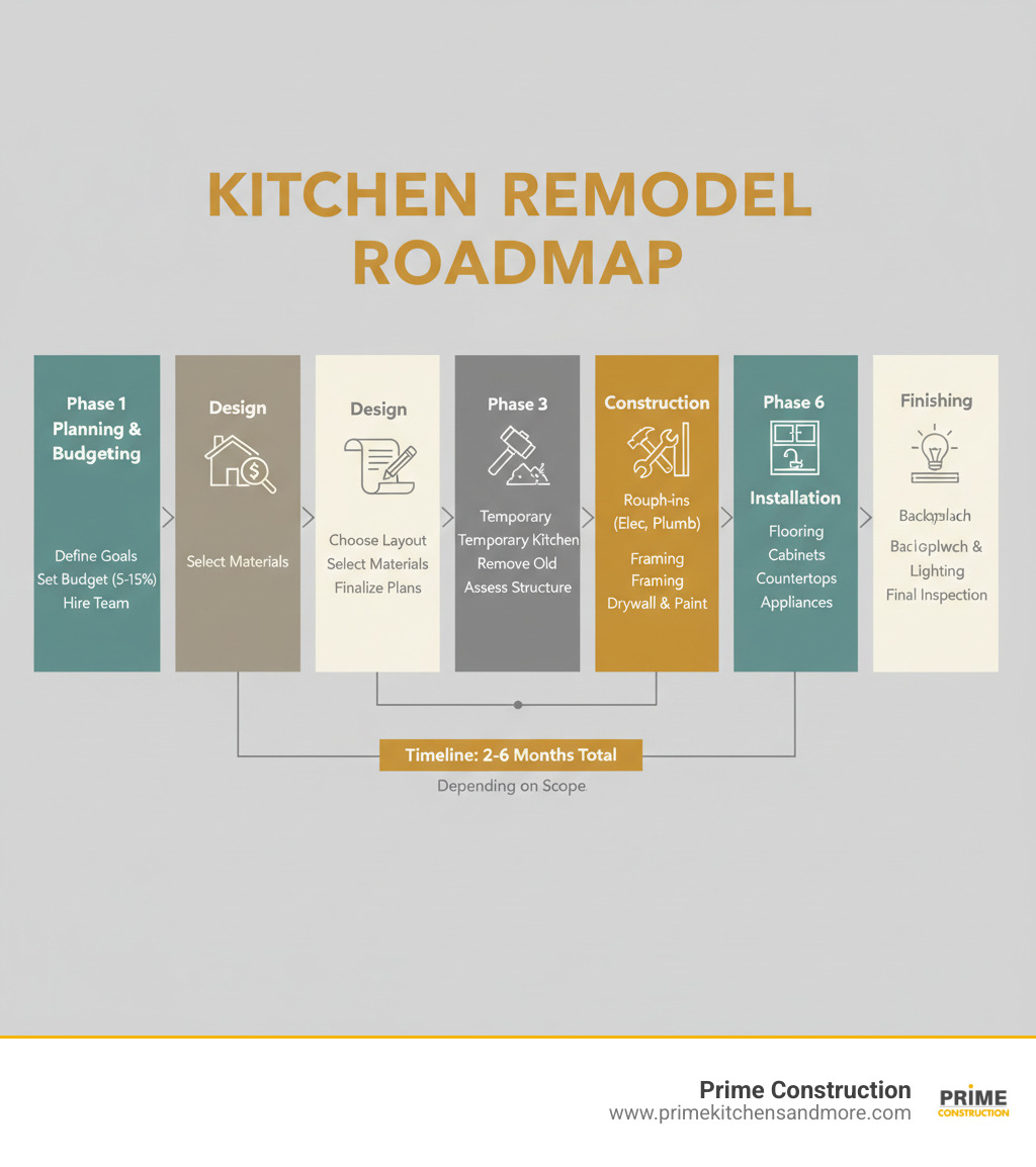 Infographic showing the 6 main phases of a kitchen remodel in sequential order: Phase 1 Planning & Budgeting (define goals, set budget 5-15% of home value, hire team), Phase 2 Design (choose layout, select materials, finalize plans), Phase 3 Demolition (set up temporary kitchen, remove old materials, assess structure), Phase 4 Construction (electrical and plumbing rough-ins, framing, drywall and paint), Phase 5 Installation (flooring, cabinets, countertops, appliances), Phase 6 Finishing (backsplash, hardware, lighting, final inspection). Timeline shows 2-6 months total depending on scope. - how to remodel kitchen infographic 