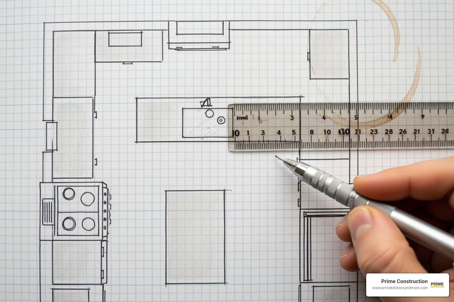 Kitchen layout being drawn on graph paper - how to remodel kitchen