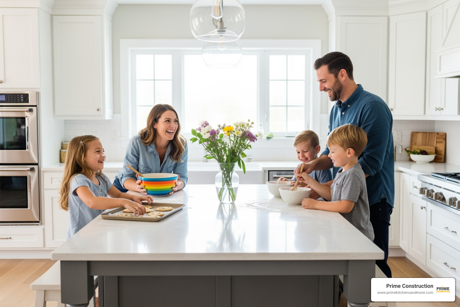 Happy family enjoying their new kitchen - how to remodel kitchen