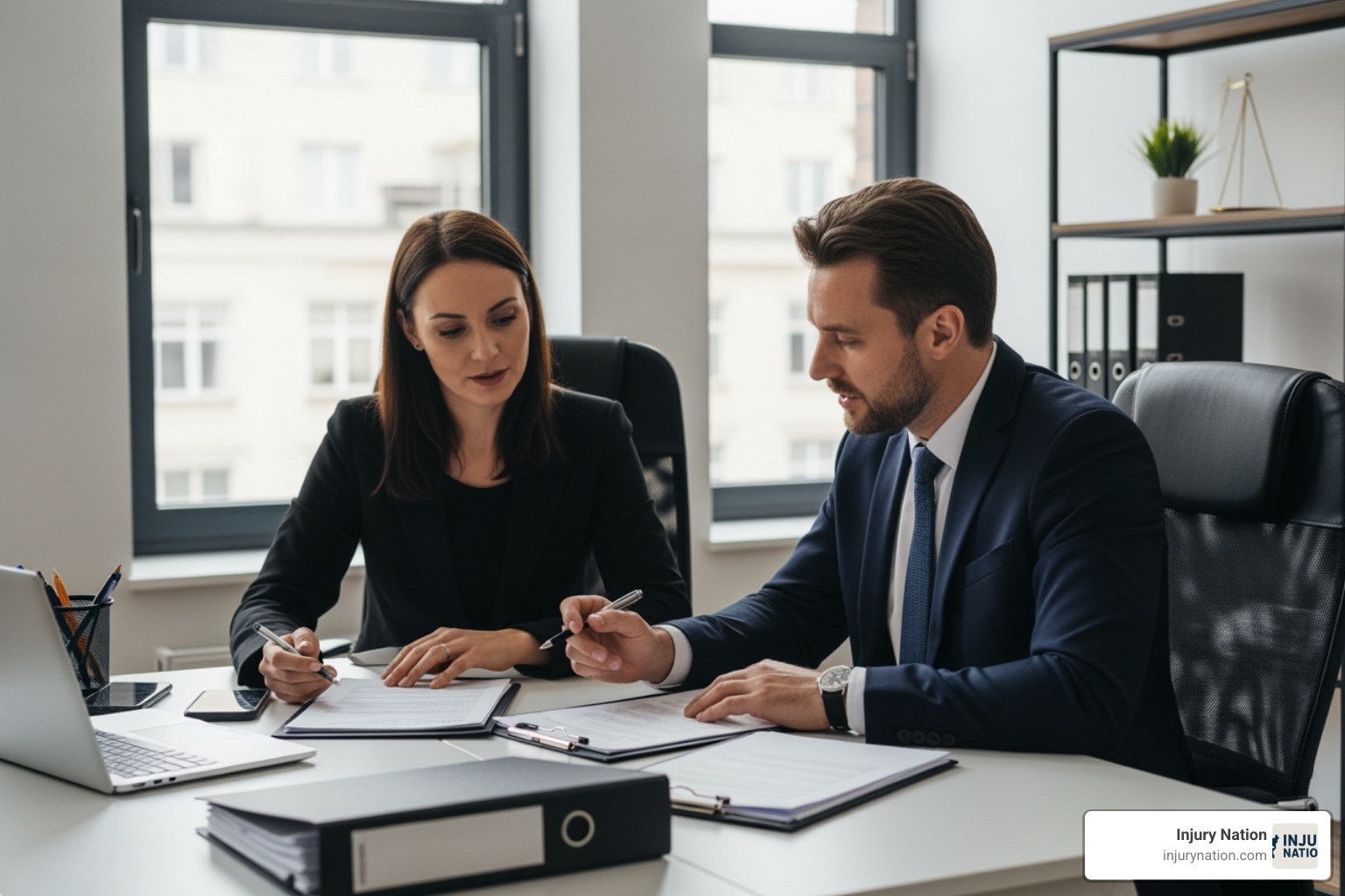 a lawyer and client collaborating in an office - good injury attorneys