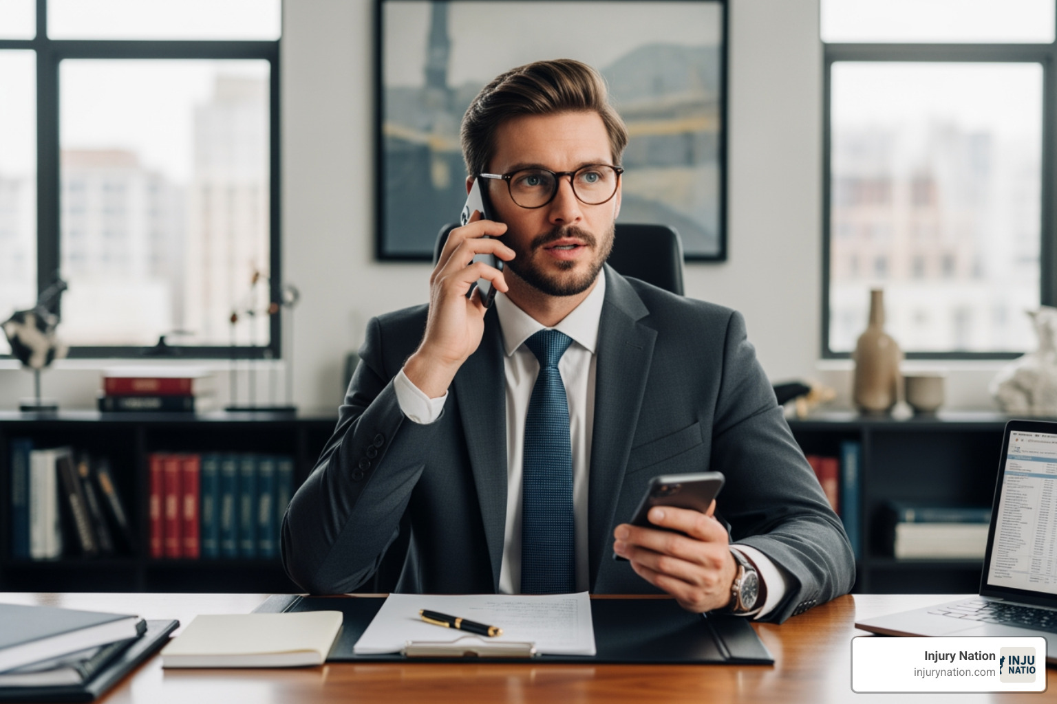 a lawyer confidently negotiating with an insurance adjuster on the phone - good injury attorneys
