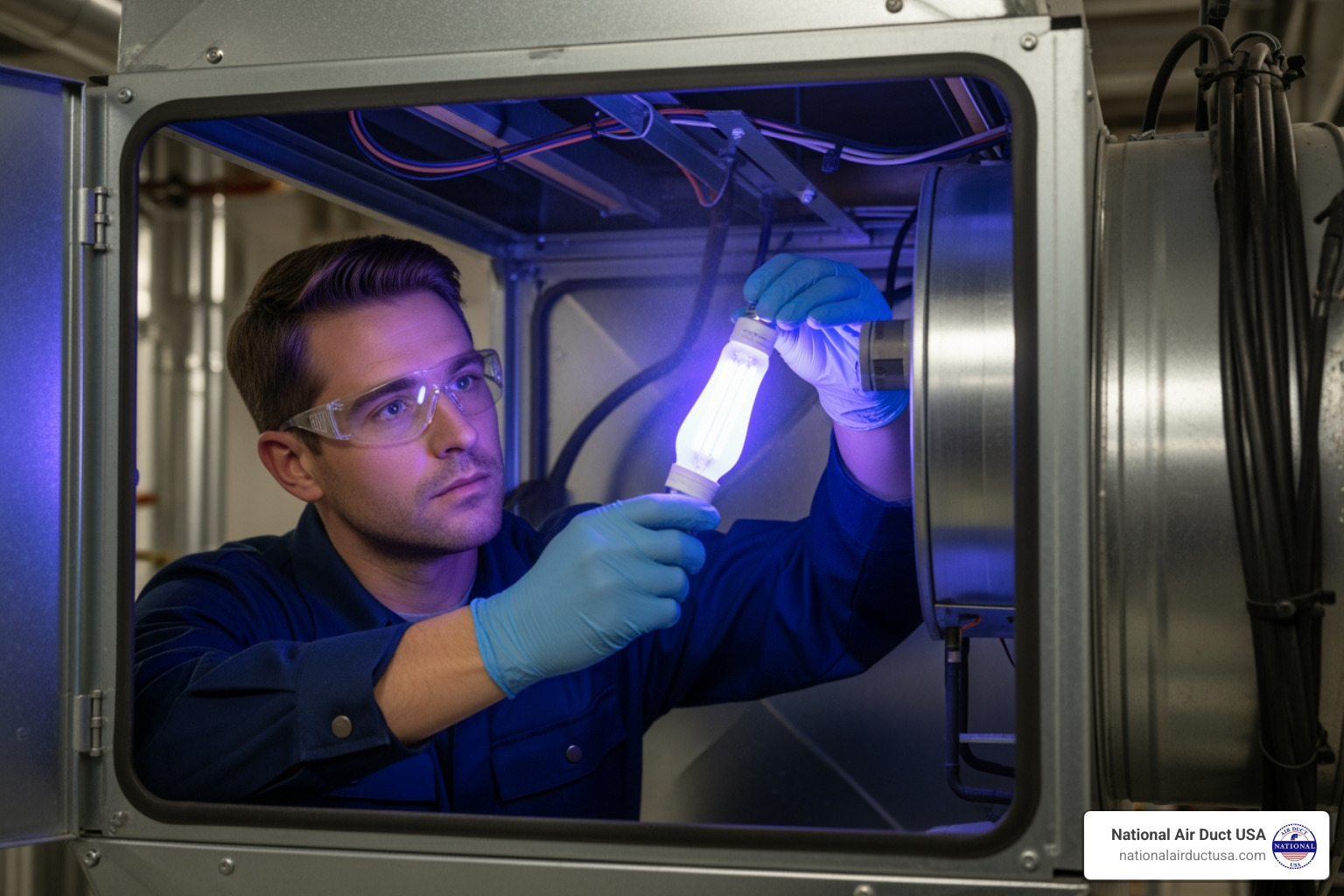 Technician safely replacing a UV light bulb in an HVAC unit - uv light hvac installation Technician safely replacing a UV light bulb in an HVAC unit - uv light hvac installation