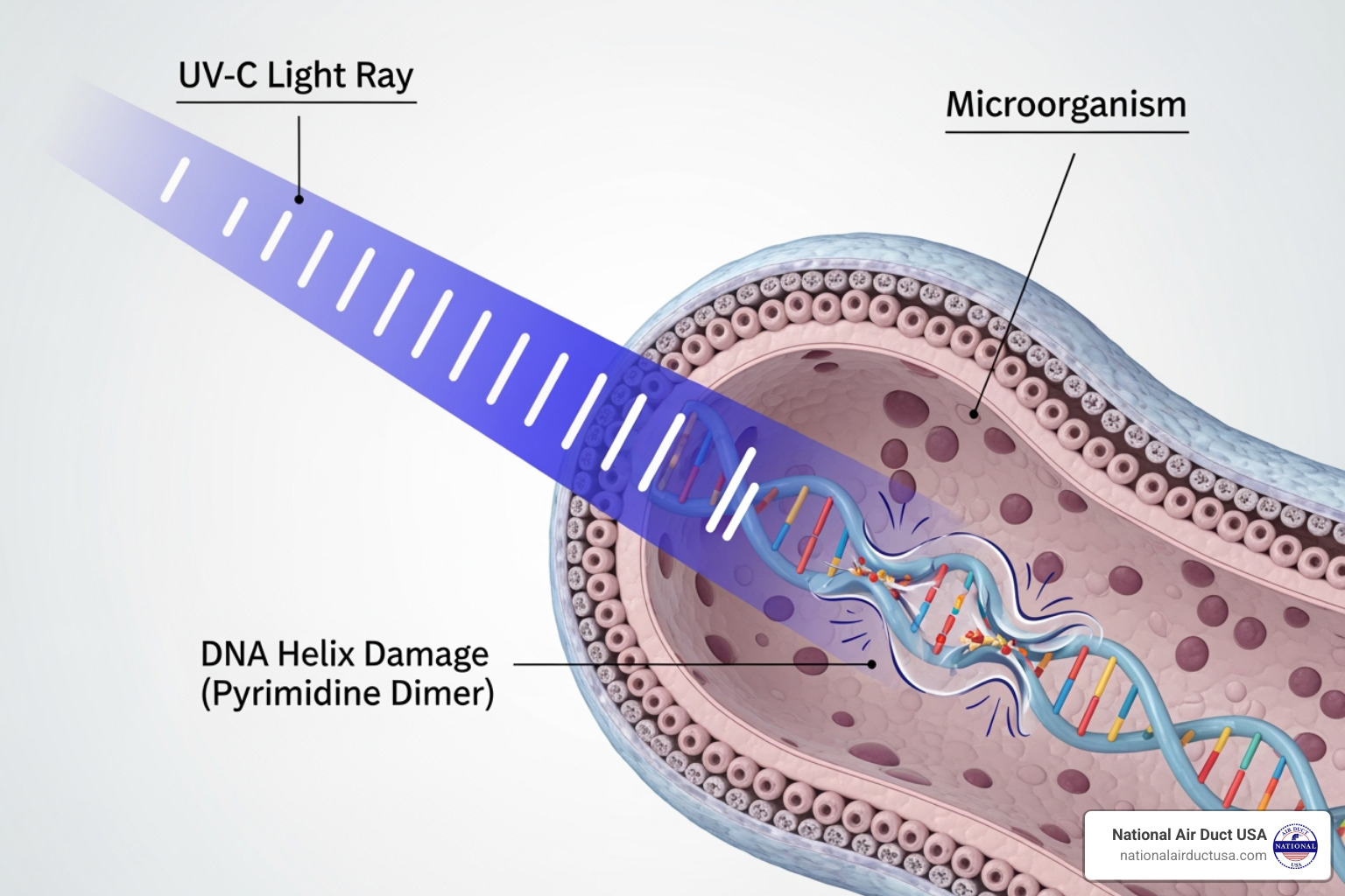 Diagram showing UV-C light disrupting the DNA of a microorganism - uv light hvac installation Diagram showing UV-C light disrupting the DNA of a microorganism - uv light hvac installation