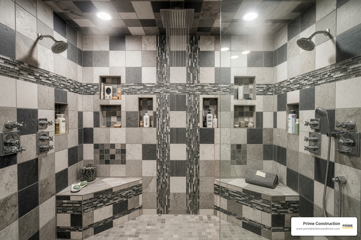complex, custom-tiled walk-in shower with benches and niches - shower demolition cost