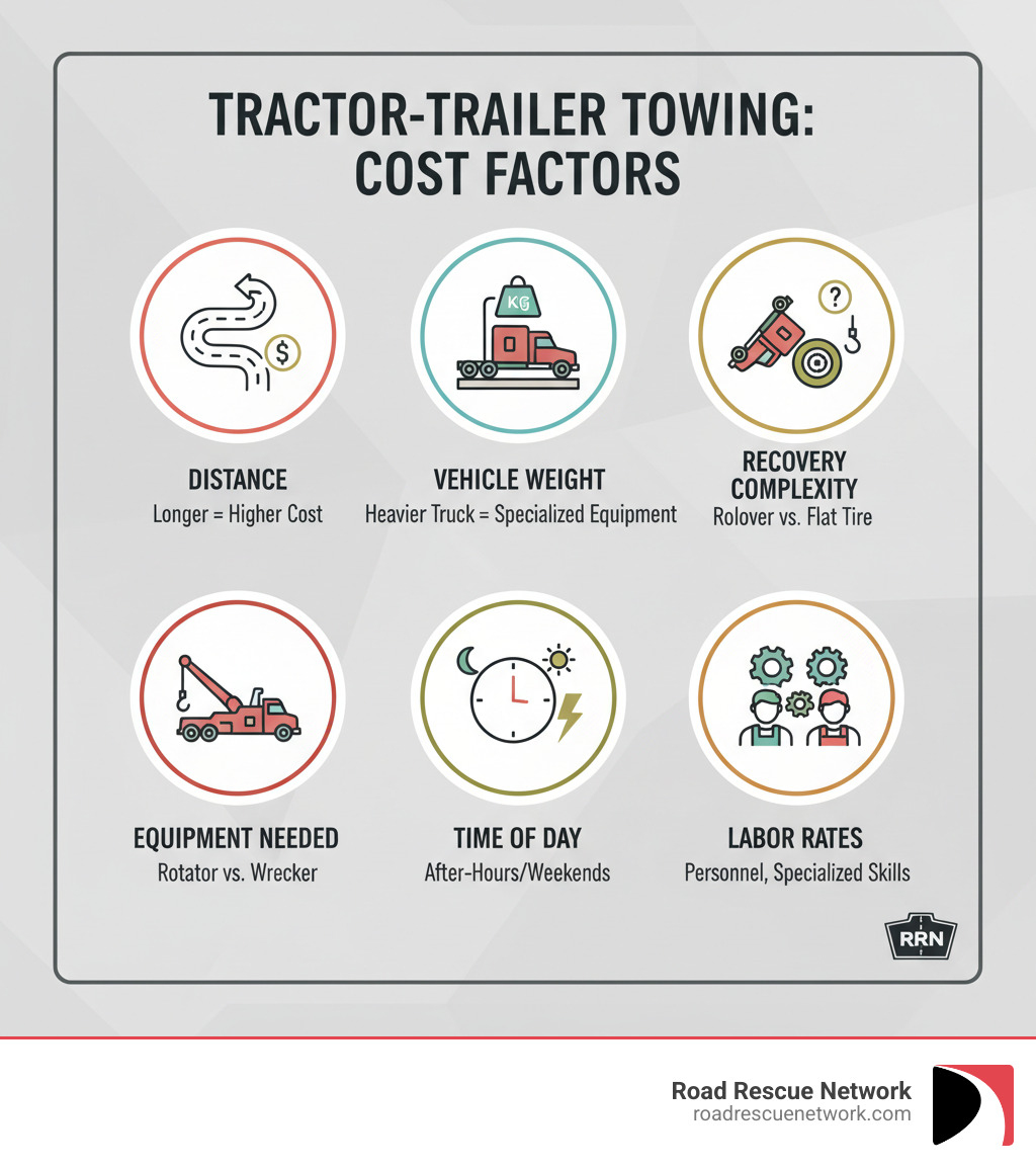 Infographic detailing cost factors for tractor-trailer towing: Distance (longer distance = higher cost), Vehicle Weight (heavier truck = more specialized equipment), Recovery Complexity (rollover vs. flat tire), Equipment Needed (rotator vs. wrecker), Time of Day (after-hours/weekends may be higher), Labor Rates (number of personnel, specialized skills). - tractor trailer towing infographic 