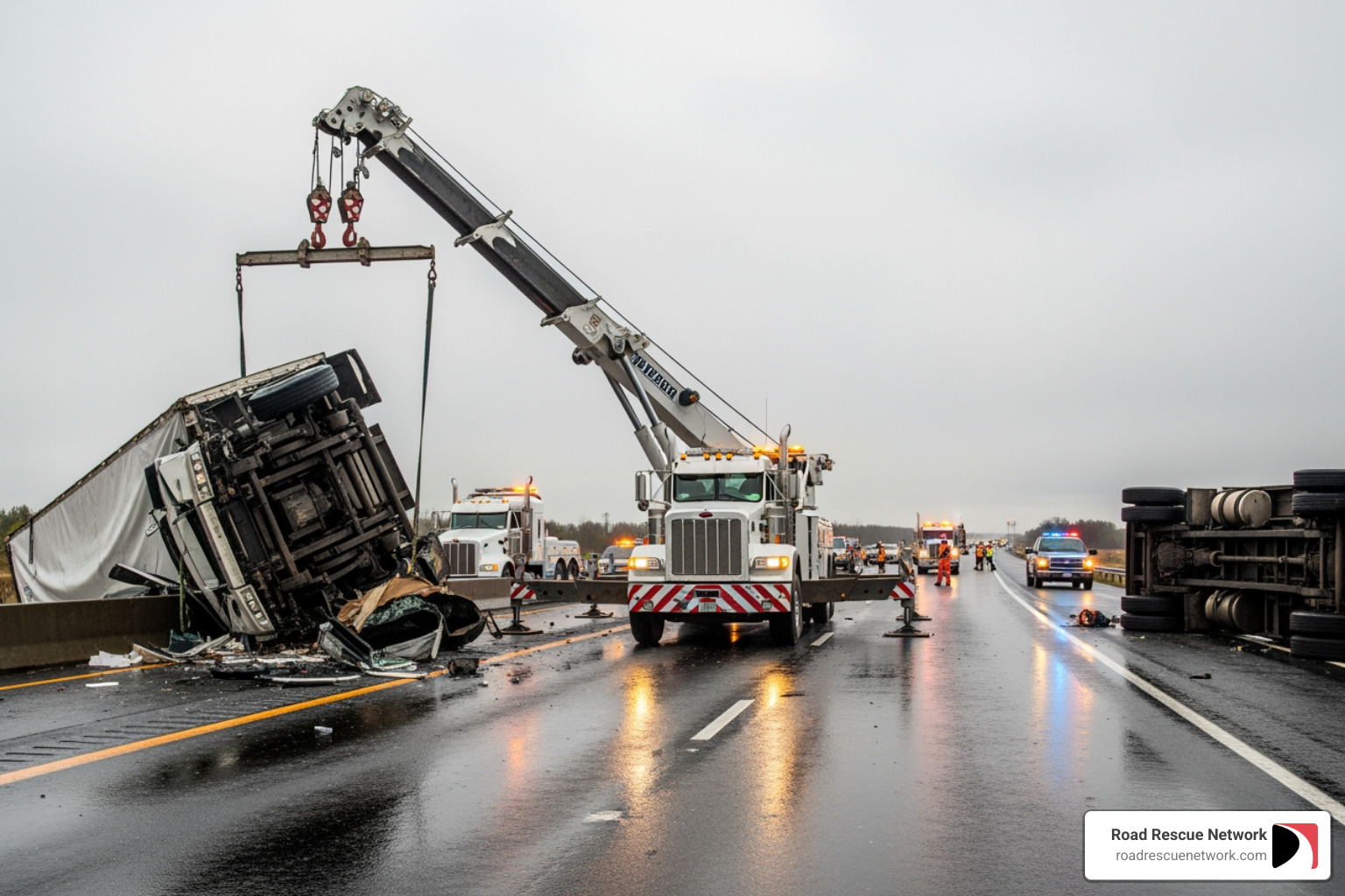 A large rotator tow truck with its boom extended, lifting an overturned trailer - tractor trailer towing