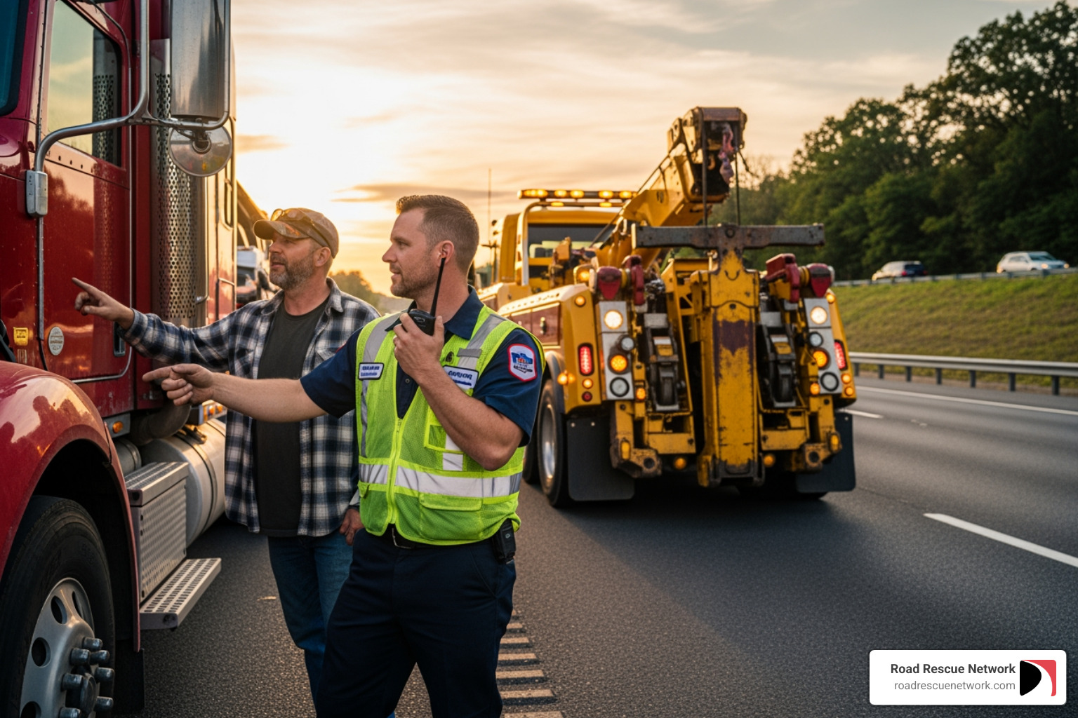 A professional tow operator in uniform communicating with a truck driver - tractor trailer towing