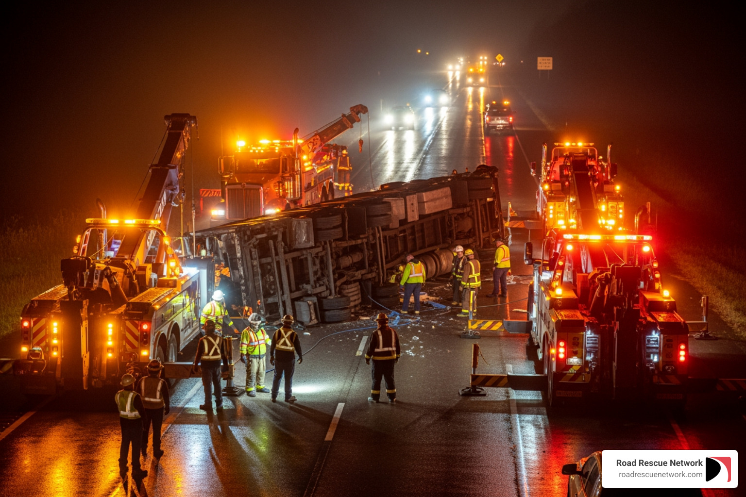 A complex recovery scene at night with multiple tow trucks and emergency lights - tractor trailer towing