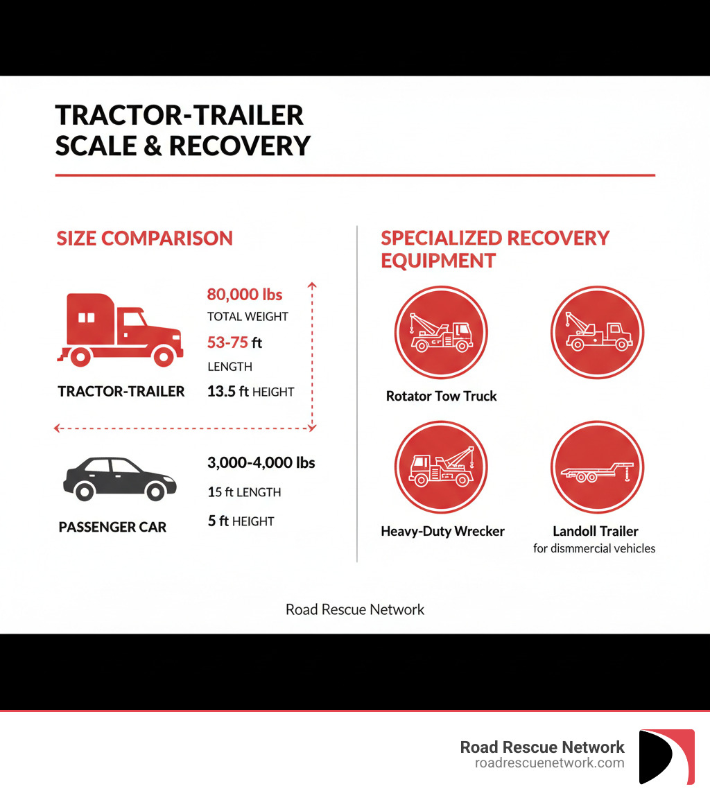 Infographic showing the scale of a tractor-trailer: up to 80,000 lbs total weight, 53-75 feet in length, 13.5 feet in height, compared to a standard passenger car (3,000-4,000 lbs, 15 feet long, 5 feet tall). Includes icons showing a rotator tow truck, heavy-duty wrecker, and Landoll trailer as the specialized equipment needed for recovery. - tractor trailer towing infographic 
