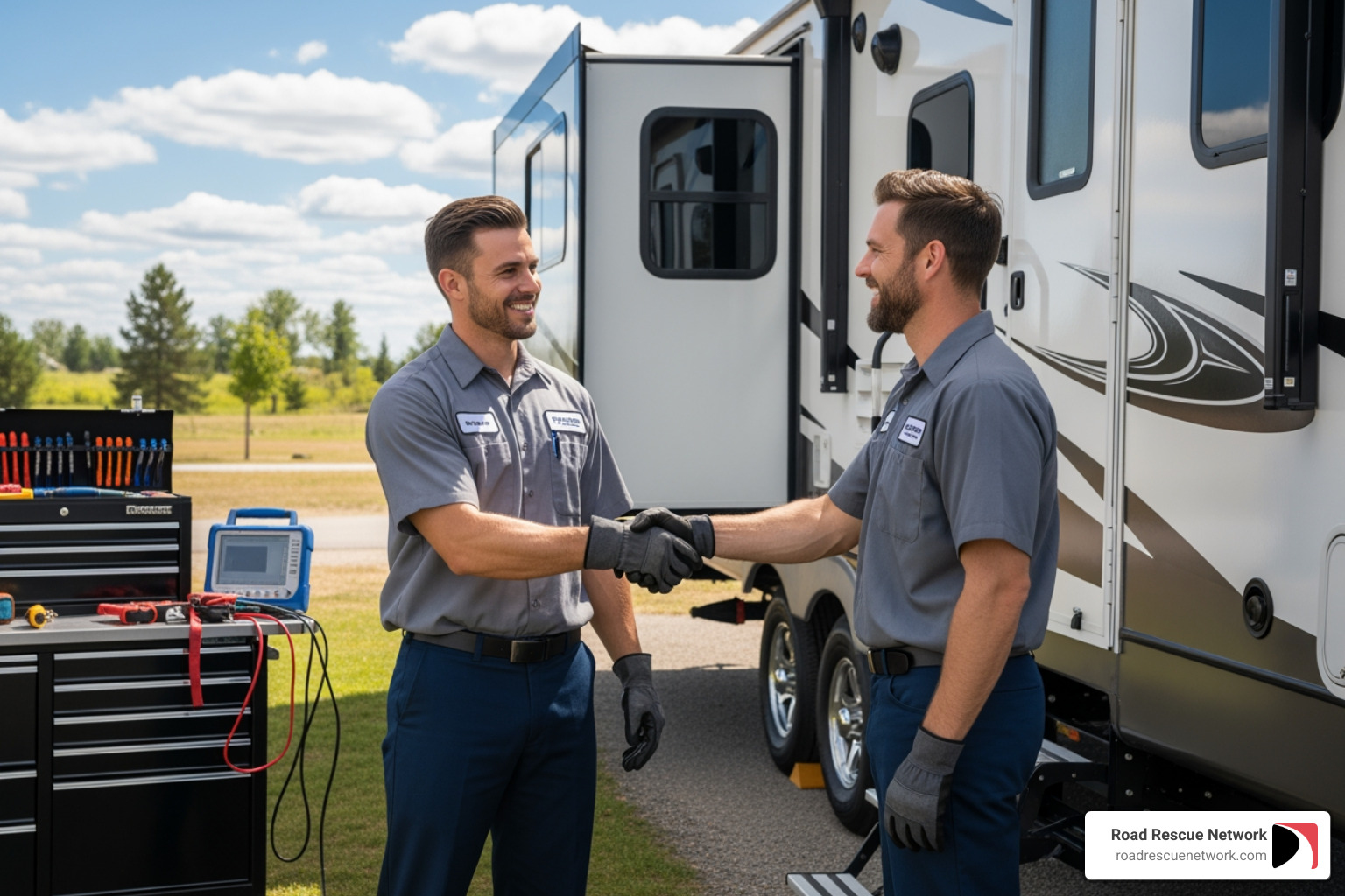 A friendly mobile technician shaking hands with a customer next to a serviced trailer, symbolizing trust and good service - trailer servicing near me A friendly mobile technician shaking hands with a customer next to a serviced trailer, symbolizing trust and good service - trailer servicing near me