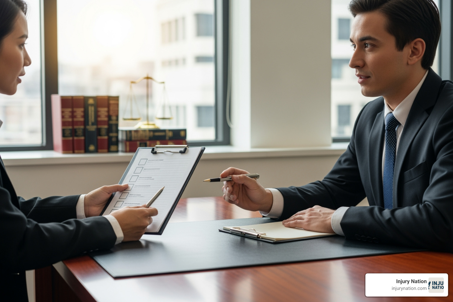 A person in a consultation with a lawyer, holding a checklist and asking questions. - how to find a personal injury law firm near me