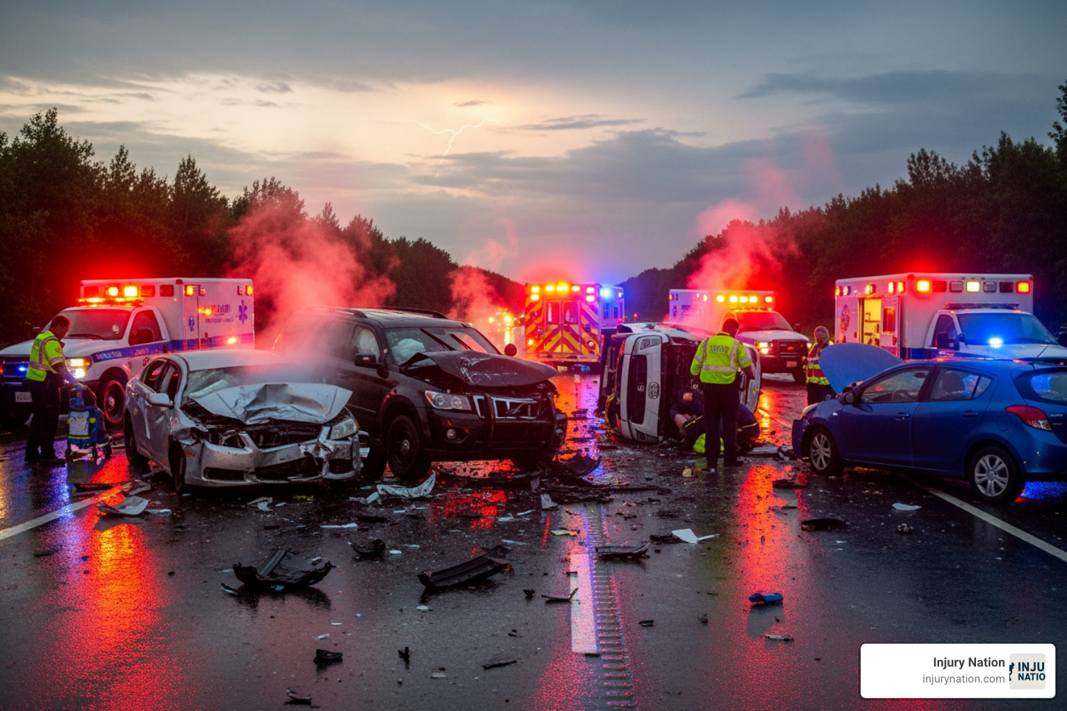 A car accident scene with emergency vehicles and damaged cars. - how to find a personal injury law firm near me