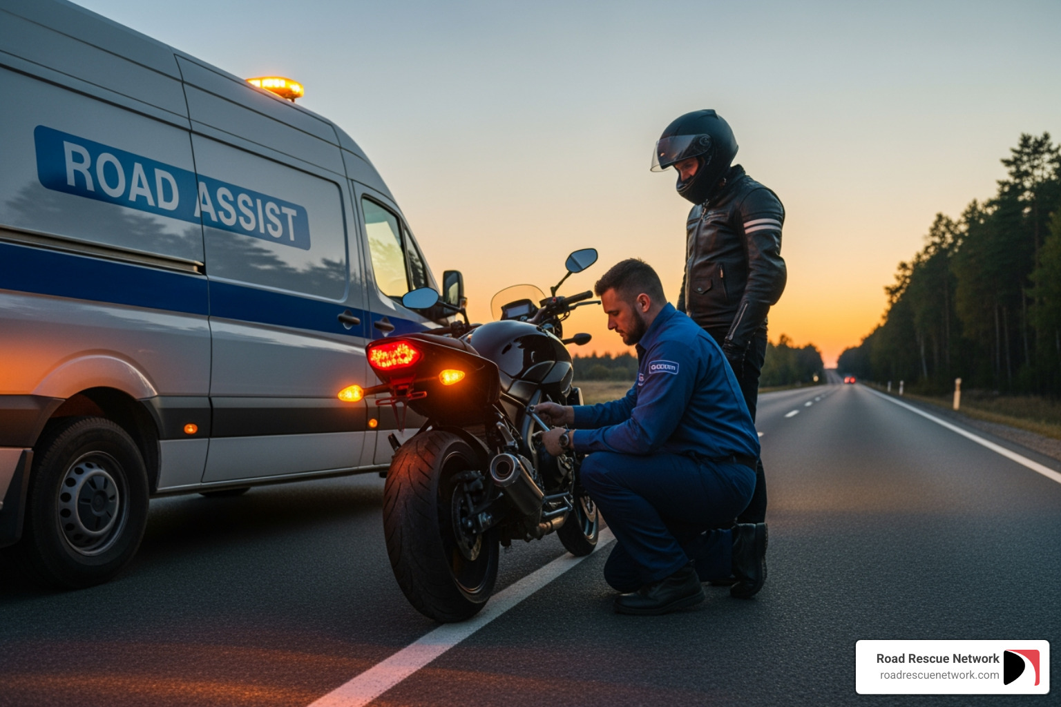 Road Rescue Network technician assisting stranded rider - jump start bike