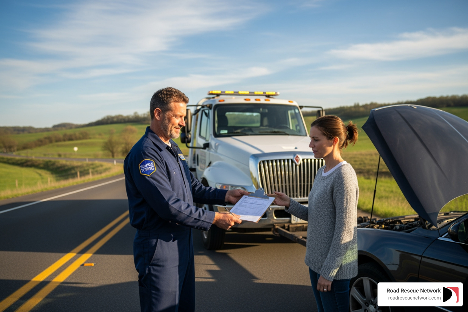 tow truck handing bill - roadside assistance cost