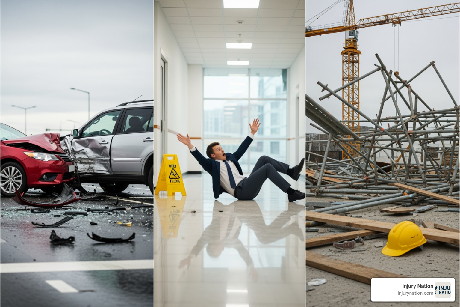collage of different accident types (car crash, slip and fall, construction site) - the best personal injury attorney near me