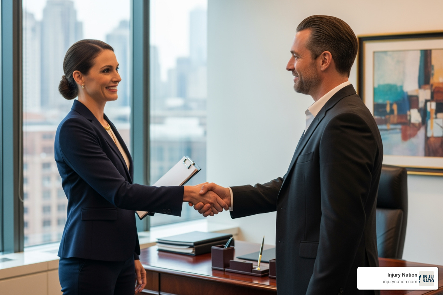 client shaking hands with a lawyer in an office setting - the best personal injury attorney near me