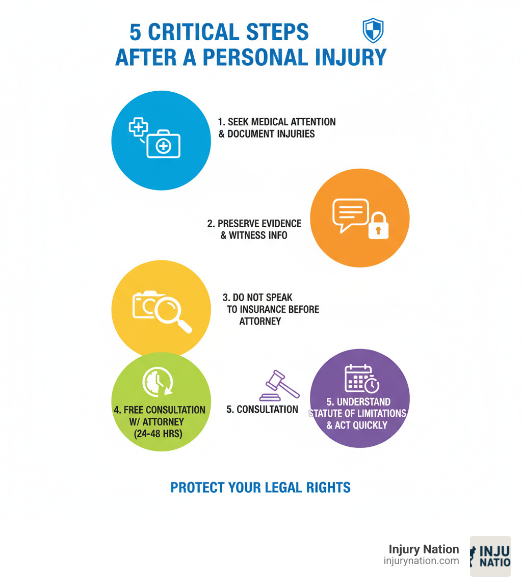 Infographic showing the 5 critical steps after a personal injury: 1) Seek immediate medical attention and document all injuries, 2) Preserve evidence from the accident scene including photos and witness information, 3) Do NOT speak to insurance companies before consulting an attorney, 4) Schedule a free consultation with a top-rated personal injury attorney within 24-48 hours, 5) Understand your state's statute of limitations and act quickly to protect your legal rights - the best personal injury attorney near me infographic 