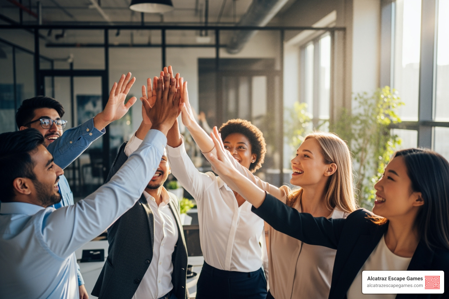 corporate team high-fiving - mystery escape room utah