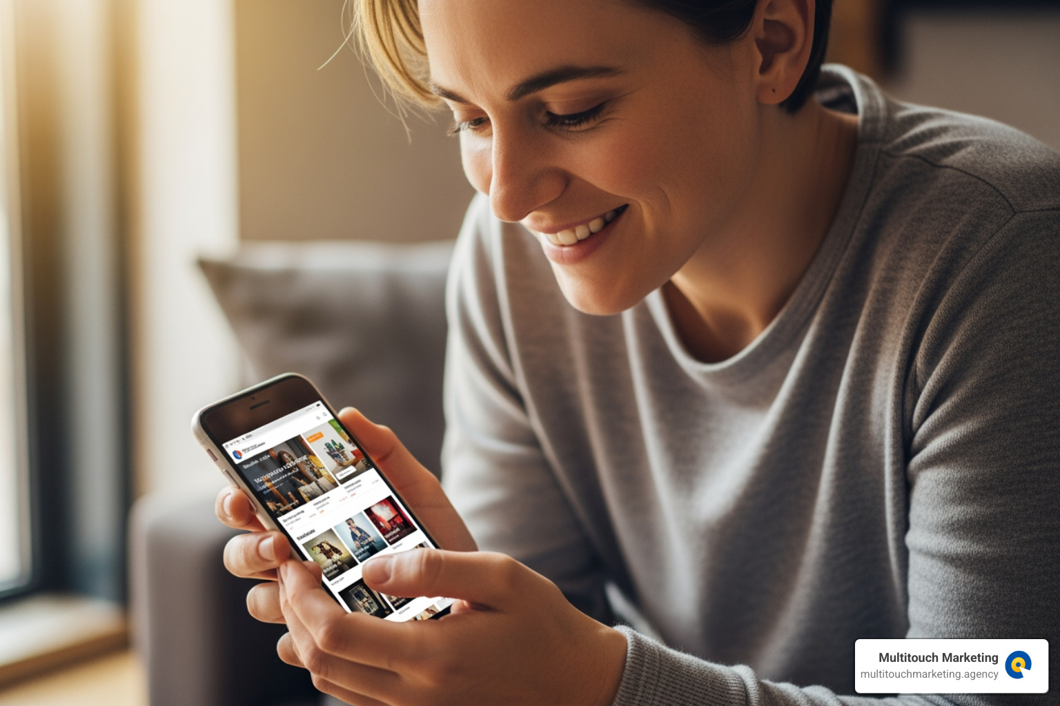 User happily browsing a site on their phone - Responsive Web Design Agency User happily browsing a site on their phone - Responsive Web Design Agency