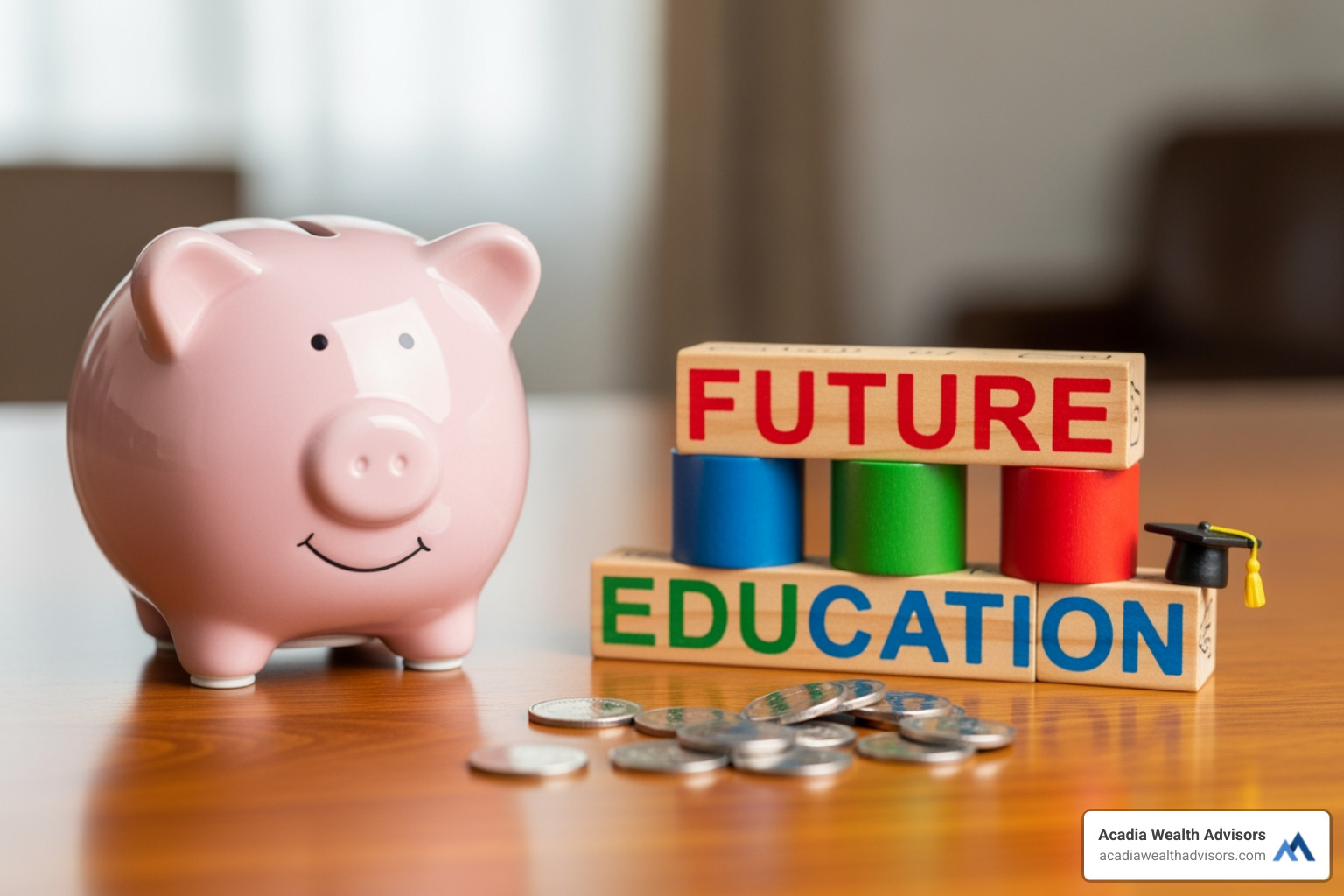 A piggy bank with "College Fund" written on it next to children's building blocks, symbolizing financial planning for children's education and future. - estate planning for young families