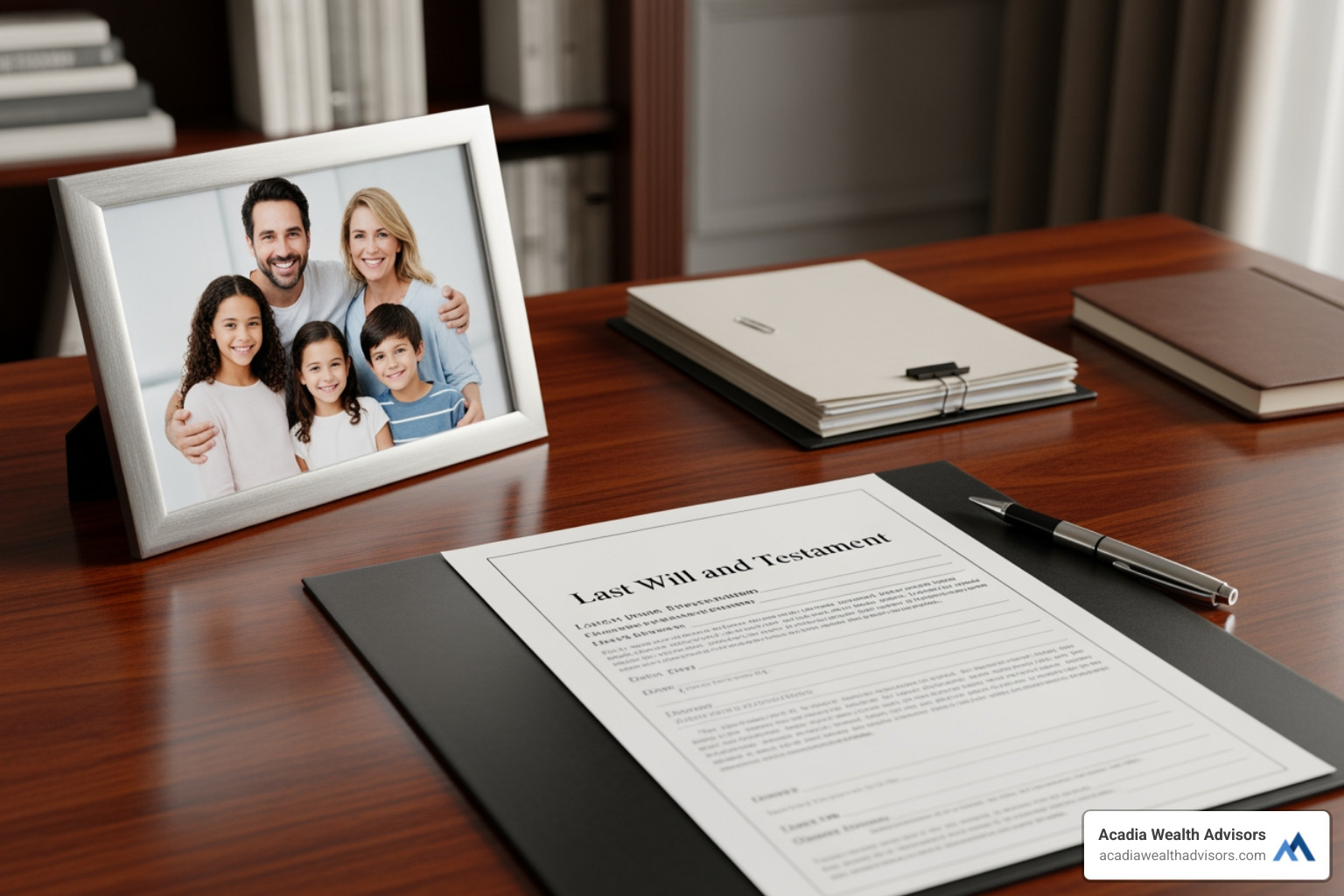 A desk with a pen, a will, and a family photo, symbolizing the personal and legal aspects of estate planning. - estate planning for young families