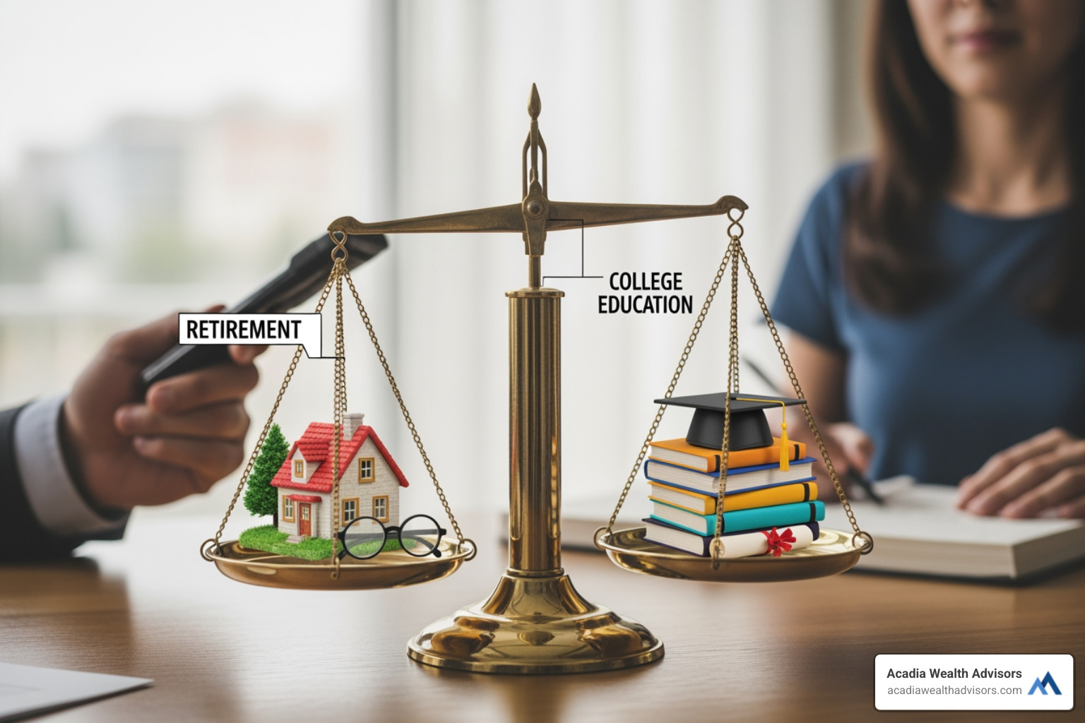 Balancing scales with "Retirement" on one side and "College" on the other - financial planning for young families Balancing scales with "Retirement" on one side and "College" on the other - financial planning for young families