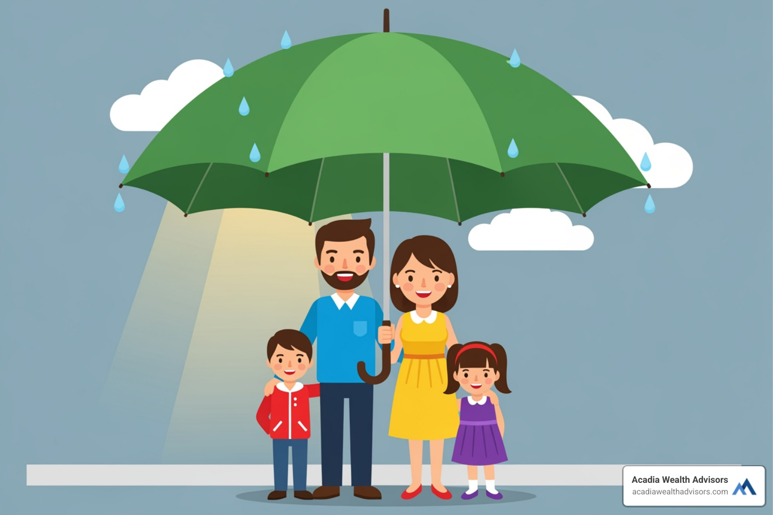 Protective umbrella over a family illustration - financial planning for young families Protective umbrella over a family illustration - financial planning for young families