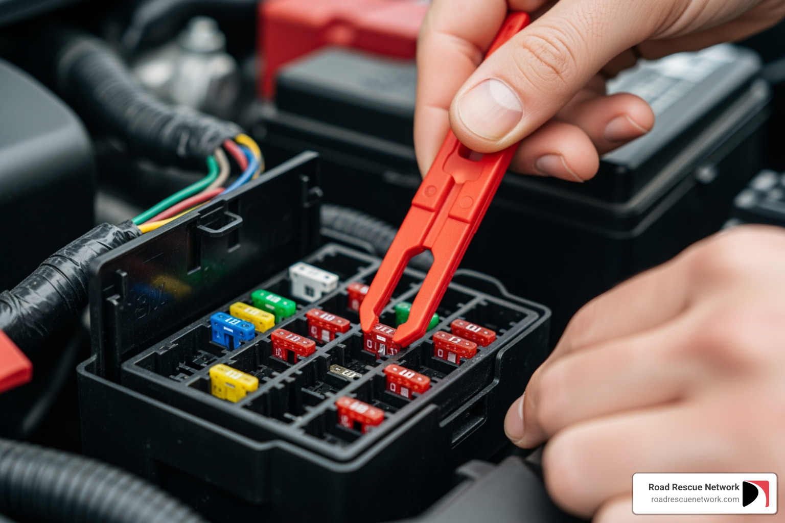 person checking an automotive fuse box with a puller tool - car won't crank