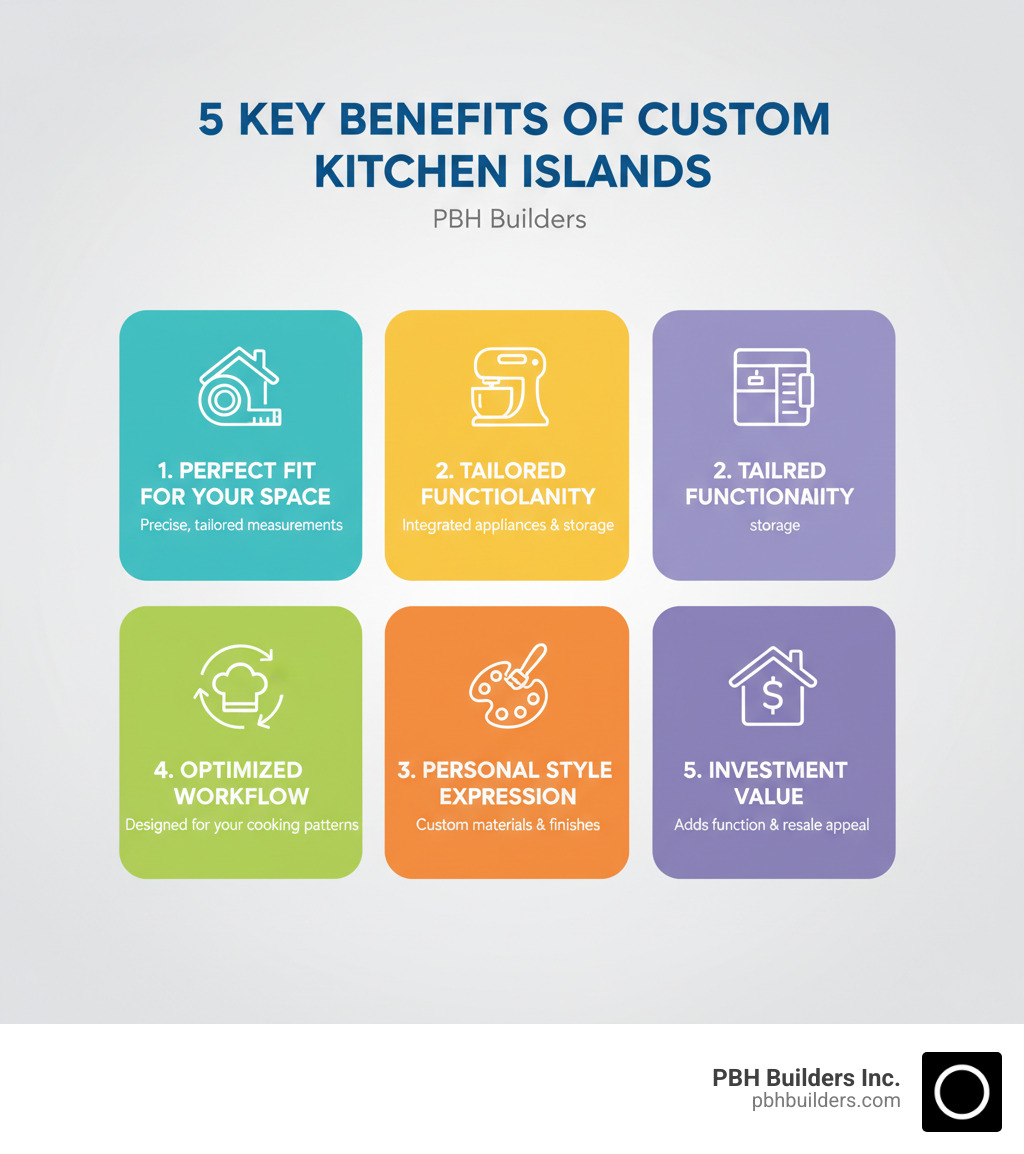 Infographic showing five key benefits of custom kitchen islands: Perfect Fit for Your Space with precise measurements matching your kitchen layout, Tailored Functionality including integrated appliances and specialized storage, Personal Style Expression through custom materials and finishes, Optimized Workflow designed around your cooking patterns, and Investment Value adding both function and resale appeal to your home - Custom kitchen island designs infographic Infographic showing five key benefits of custom kitchen islands: Perfect Fit for Your Space with precise measurements matching your kitchen layout, Tailored Functionality including integrated appliances and specialized storage, Personal Style Expression through custom materials and finishes, Optimized Workflow designed around your cooking patterns, and Investment Value adding both function and resale appeal to your home - Custom kitchen island designs infographic