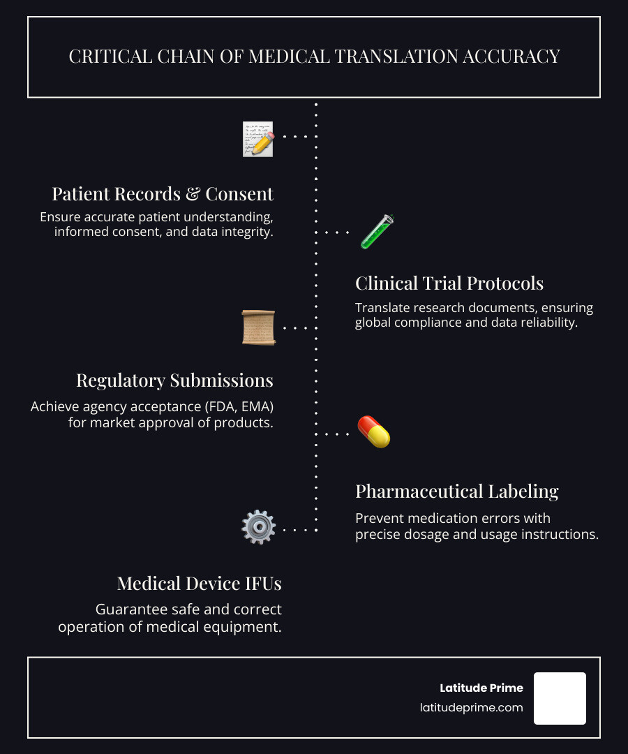 Infographic showing the critical chain of medical translation from patient records and informed consent forms through clinical trial protocols and regulatory submissions to pharmaceutical labels and medical device instructions, with icons representing accuracy checkpoints, ISO certifications, and patient safety outcomes at each stage - medical translation services infographic infographic-line-5-steps-dark