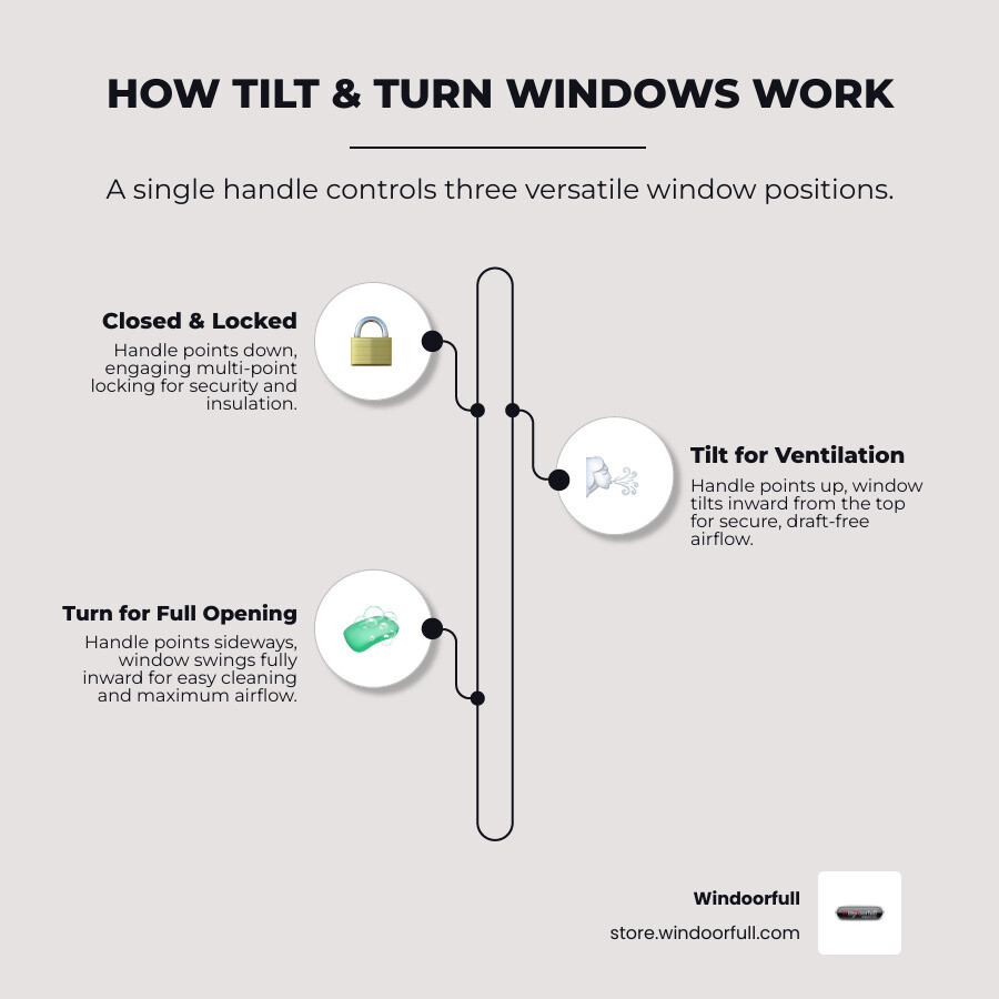 infographic showing white tilt and turn window operation: single ergonomic handle rotates to three positions - closed and locked position with multi-point locking system, tilt position where window angles inward from top for secure ventilation, and turn position where window swings fully inward on side hinges for cleaning and maximum airflow - white tilt and turn windows infographic infographic-line-3-steps-elegant_beige infographic showing white tilt and turn window operation: single ergonomic handle rotates to three positions - closed and locked position with multi-point locking system, tilt position where window angles inward from top for secure ventilation, and turn position where window swings fully inward on side hinges for cleaning and maximum airflow - white tilt and turn windows infographic infographic-line-3-steps-elegant_beige