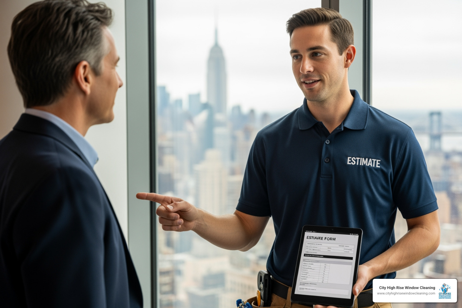 NYC window cleaning technician providing a quote to a client, with a focus on the window and estimate form. - nyc window cleaning services NYC window cleaning technician providing a quote to a client, with a focus on the window and estimate form. - nyc window cleaning services